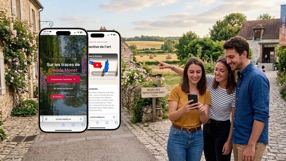 A smartphone displaying a travel app with a rural landscape in the background. 1