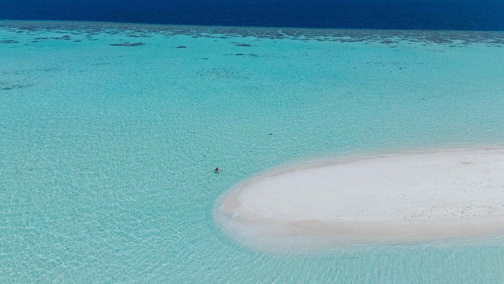A clear turquoise sea with a white sandy beach and scattered coral formations. 2