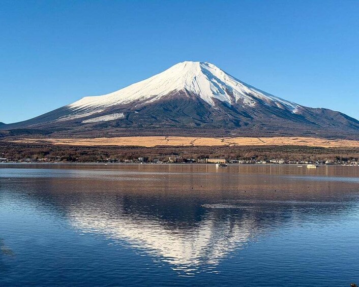 A snow-capped mountain with a lake in the foreground. 5