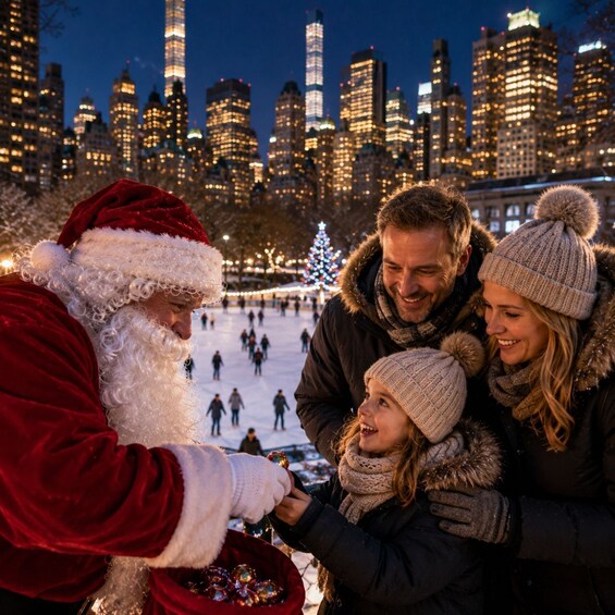 A family with Santa Claus at an ice skating rink with a city skyline in the background. 2