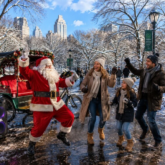 A festive scene with a person dressed as Santa Claus, a bicycle, and a snowy park with buildings in the background. 5