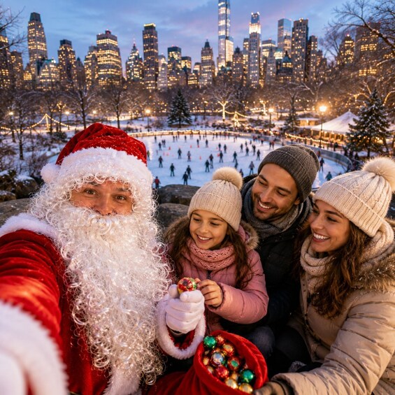 A person in a Santa suit taking a selfie with a group of people in a snowy outdoor setting with a city skyline in the background. 4
