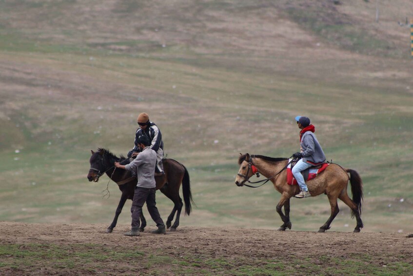 Two people leading horses on a dirt path in a hilly area. 5