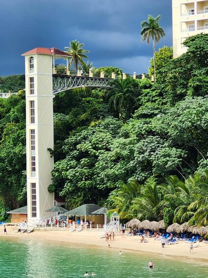 A beach with palm trees, a white tower, and a thatched-roof structure. 4