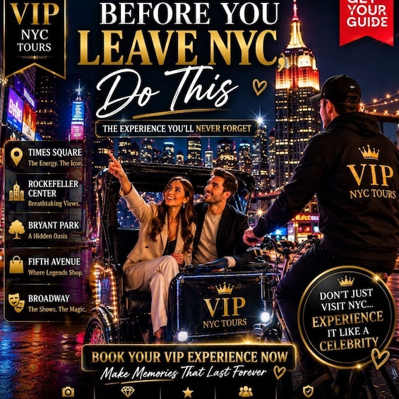 A promotional poster for VIP NYC Tours featuring Times Square, Rockefeller Center, Bryant Park, Fifth Avenue, and Broadway. 4