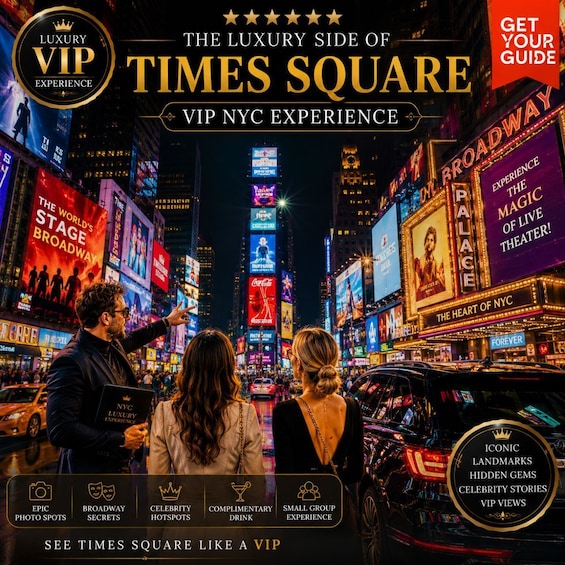 Times Square at night with illuminated billboards and the iconic Broadway Theater. 5