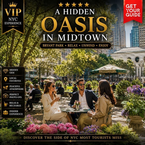A promotional poster for a hidden oasis in Midtown, featuring a serene outdoor café setting with people enjoying the peaceful atmosphere. 2