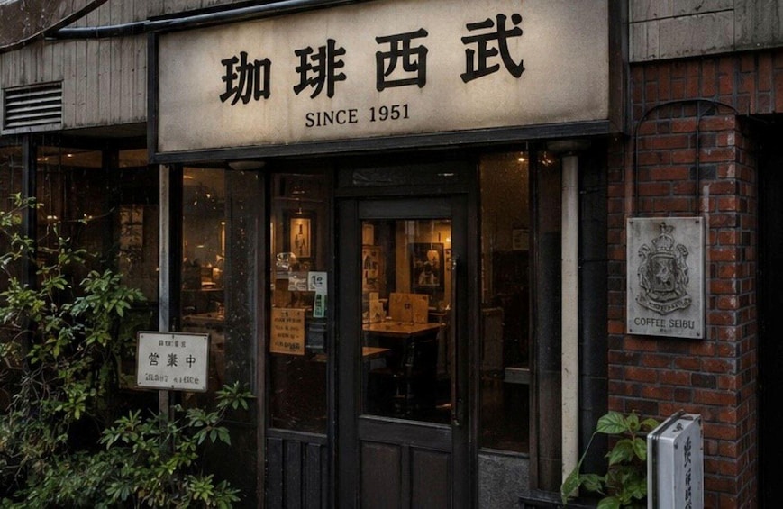 A storefront with signage in a foreign language, a plaque indicating 'Coffee Seibu,' and a sign stating 'Business Hours.' 3