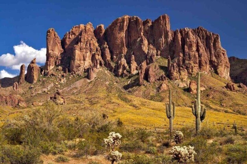 A desert landscape with prominent rock formations and cacti. 4