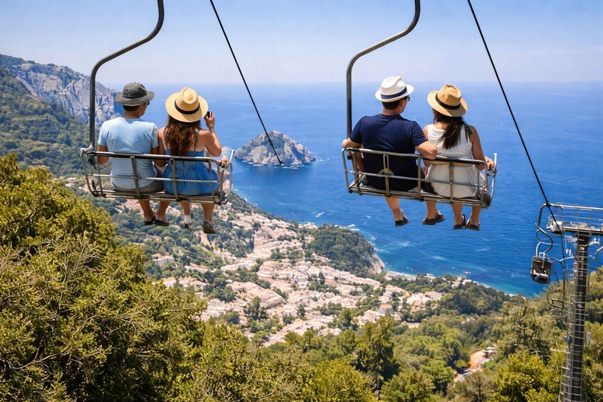 A cable car with passengers overlooking a coastal landscape. 4