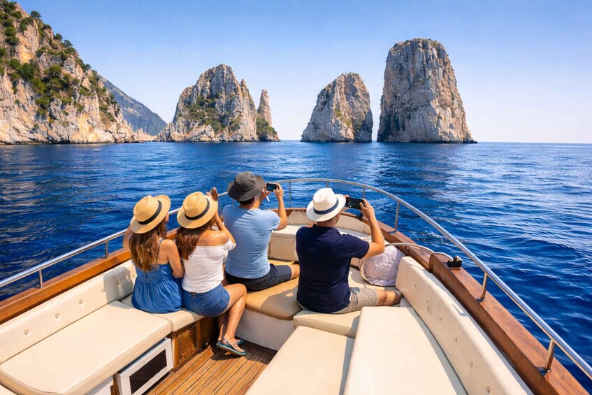 A boat with passengers taking photos of rocky cliffs. 5