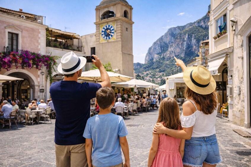 A family with a man taking a photo, a clock tower, and a mountainous backdrop. 1