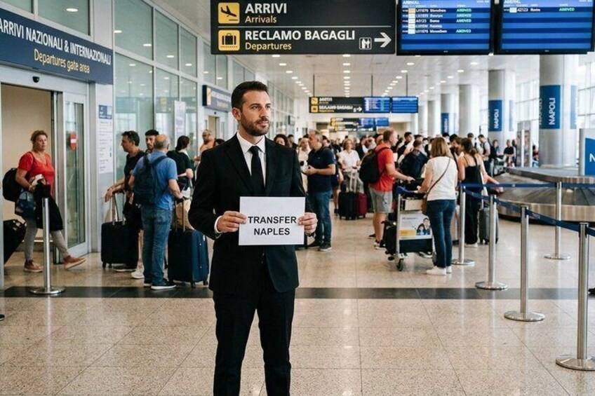 A man holding a sign at an airport arrivals area. 2