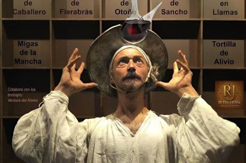 A person in historical attire with a large hat, surrounded by labeled shelves with titles like 'de Fiebrás' and 'de Sancho'. 3