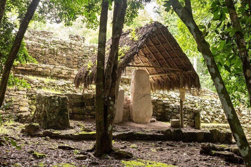 An ancient stone structure with a thatched roof, surrounded by trees and a stone wall. 4