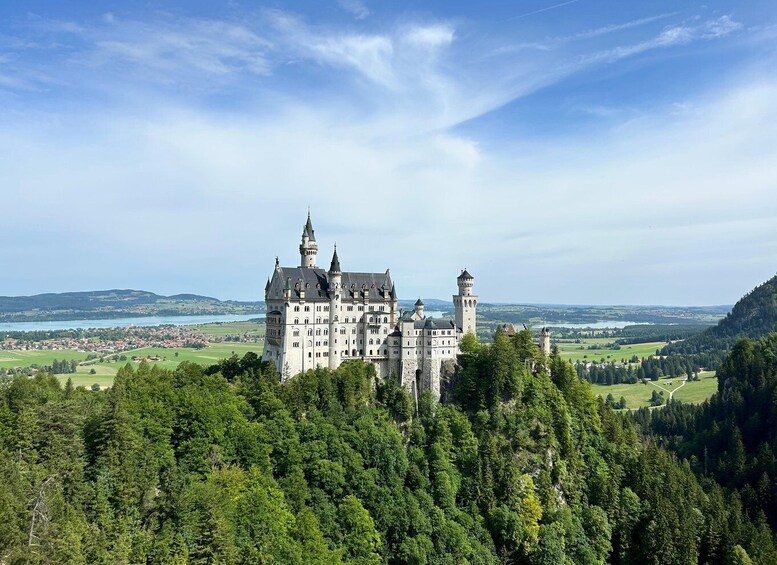A large castle surrounded by dense forest and a lake in the background. 3