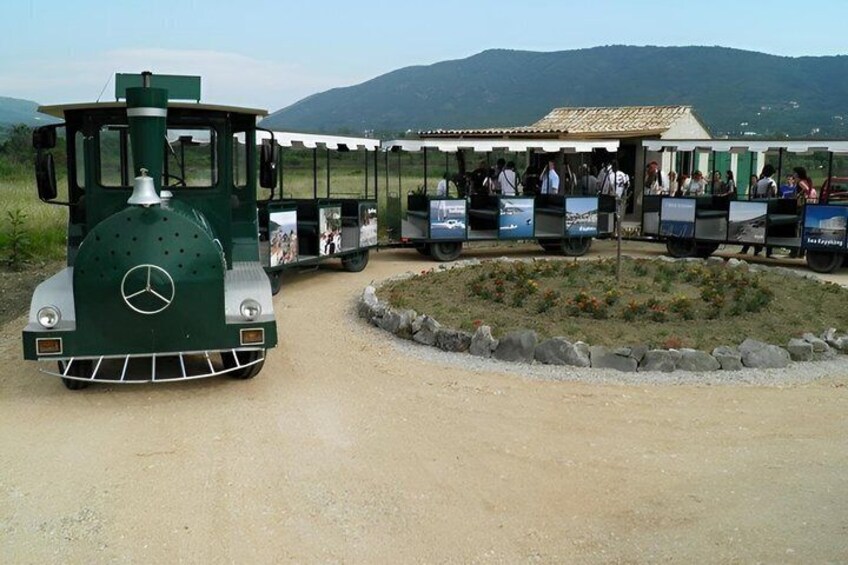 A green train with a Mercedes logo, a covered waiting area, and mountains in the background. 4