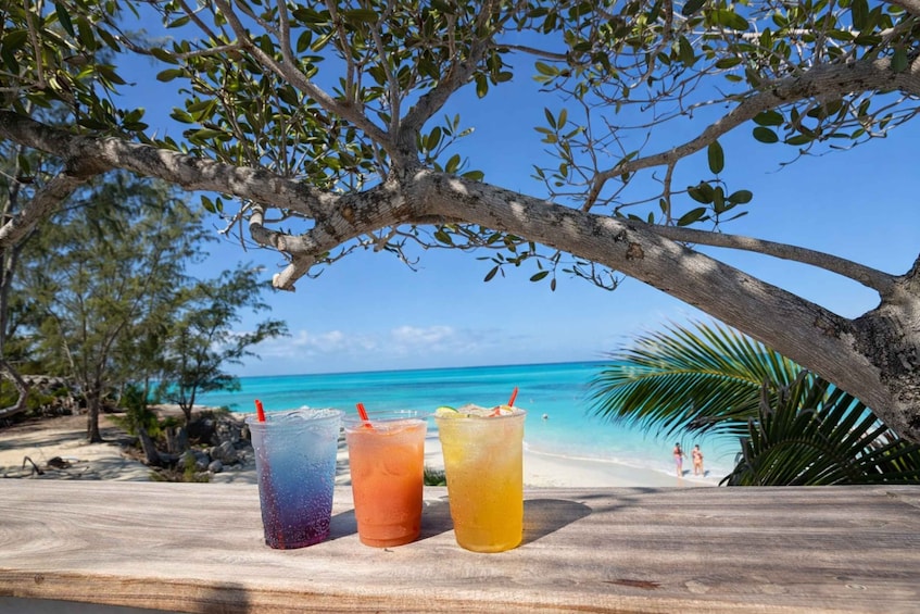 Three colorful drinks on a wooden table with a beach and ocean in the background. 4