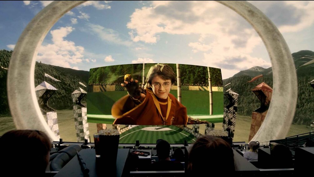 A person in a brown jacket holding a wand, standing on a green field with mountains in the background. 4