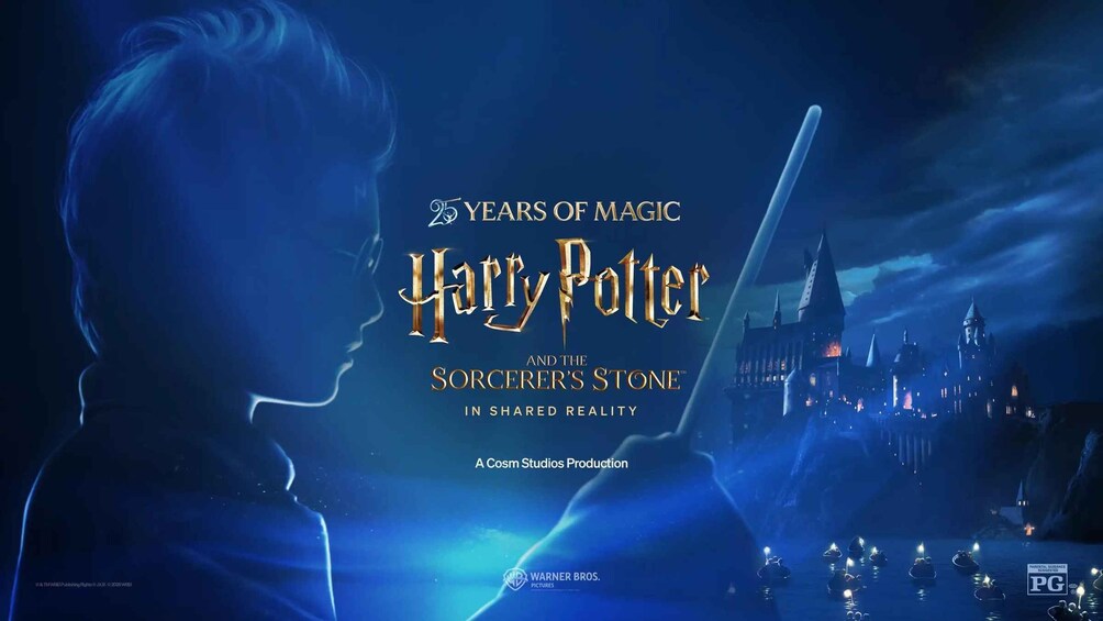 A promotional poster for 'Harry Potter and the Sorcerer's Stone' with a castle and a silhouette of a person. 1