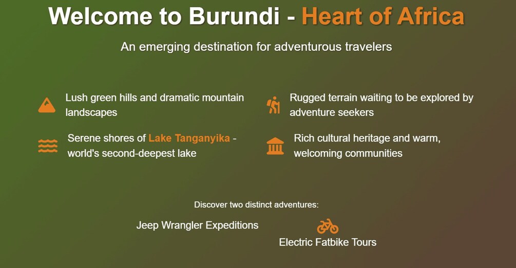 Een reisposter voor Burundi, met weelderige groene heuvels, indrukwekkende bergen, ruig terrein, rustgevende oevers van het Tanganyikameer en een rijke culturele traditie. Bovendien worden er twee avontuurlijke activiteiten uitgelicht: Jeep Wrangler Expedities en Electric Fatbike Tours. 3
