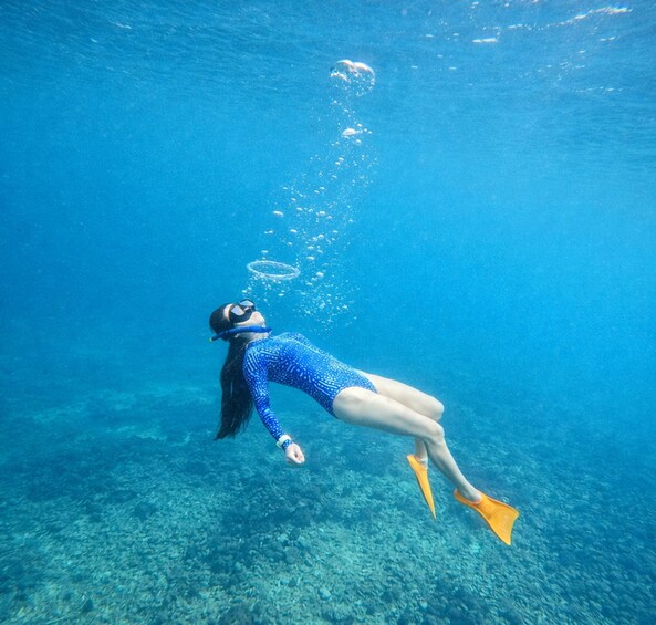 A person scuba diving underwater. 5