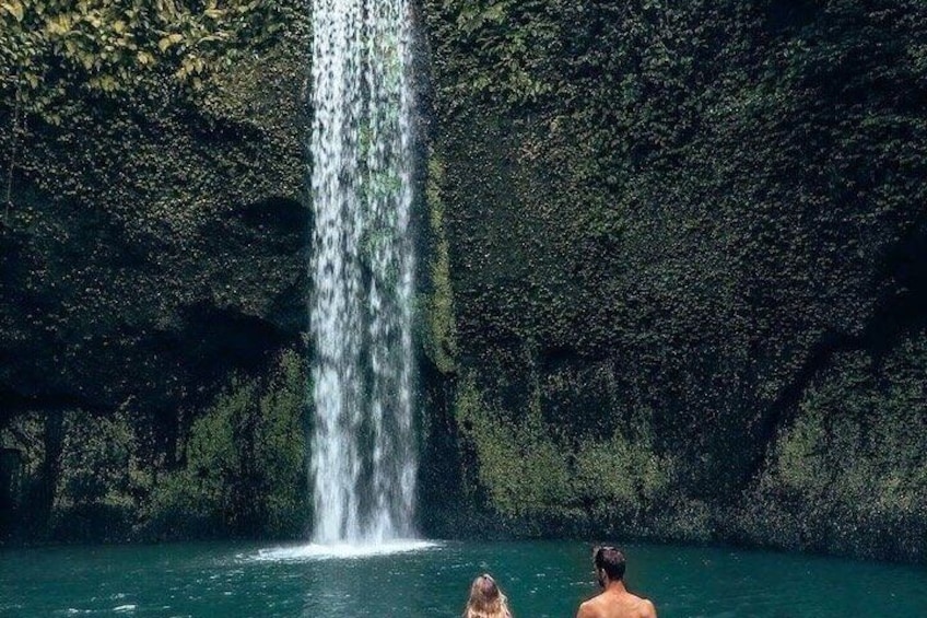 A waterfall cascading into a body of water surrounded by dense foliage. 1