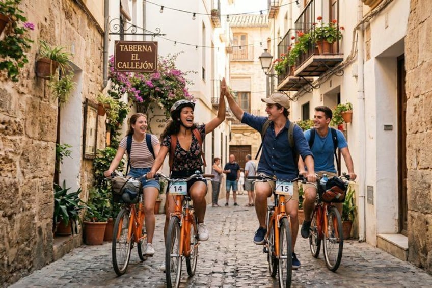 A narrow cobblestone street with cyclists, a sign for 'Taberna El Callejón,' and balconies with plants. 1