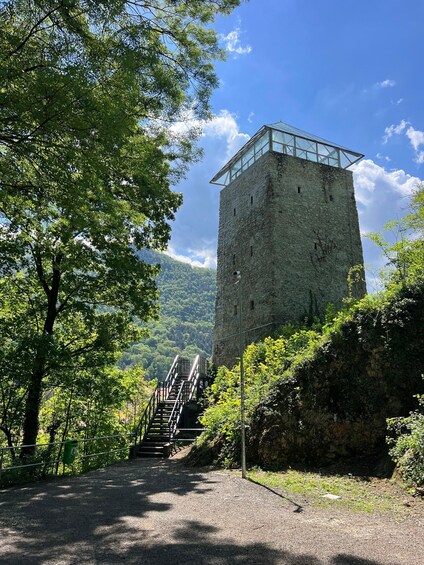 A stone tower with a glass viewing platform, surrounded by lush greenery and a gravel path leading up to it. 2
