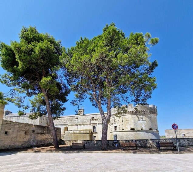 A historic building with a round tower, surrounded by trees and benches. 5