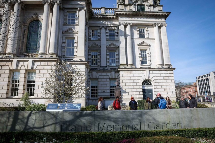 The Titanic Memorial Garden with a large building in the background. 3