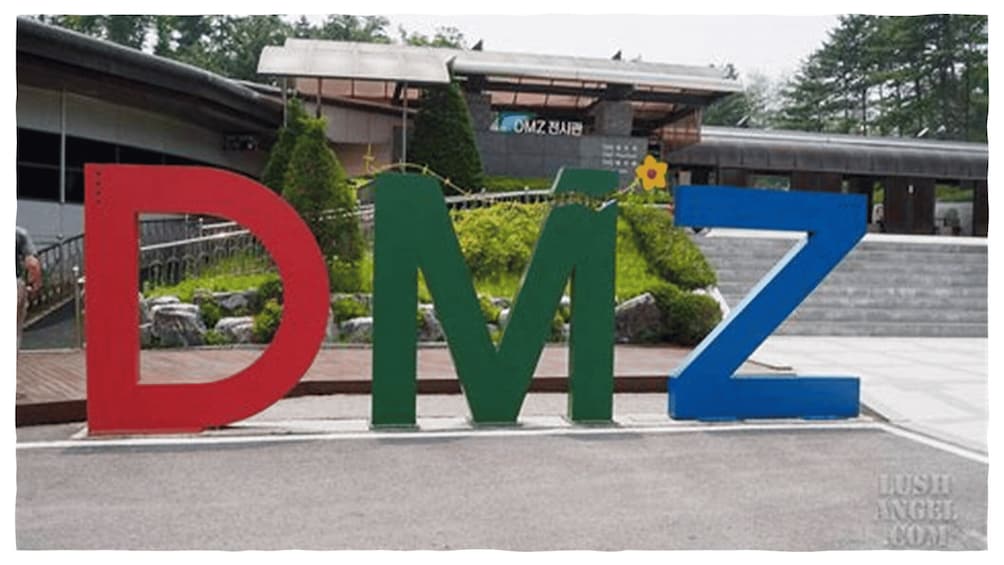 Large, colorful letters spelling 'DMZ' in front of a building with a sign that reads 'DMZ'. 3