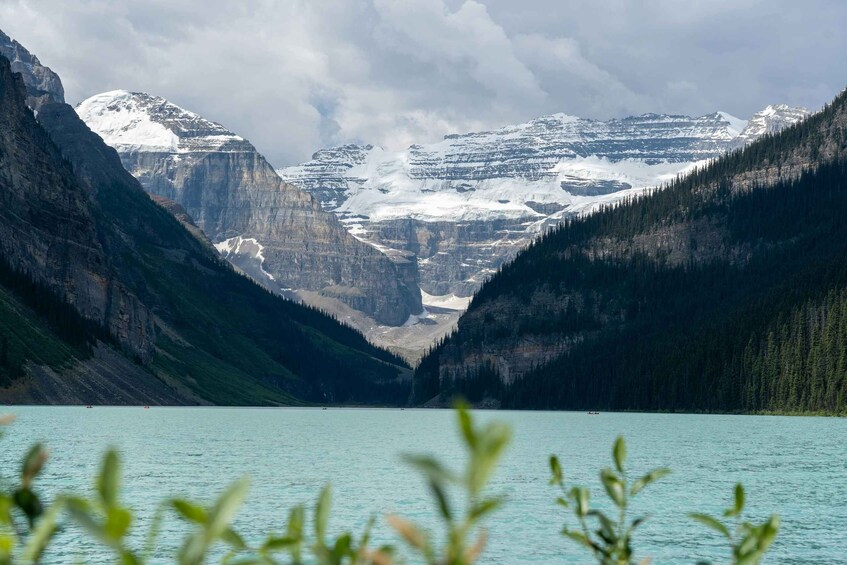 A mountain lake with snow-capped peaks and dense forest. 3
