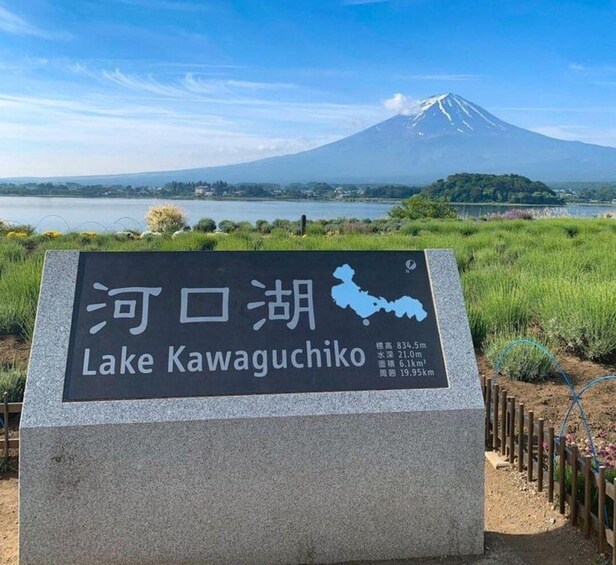 A sign for Lake Kawaguchiko with a mountain in the background. 5