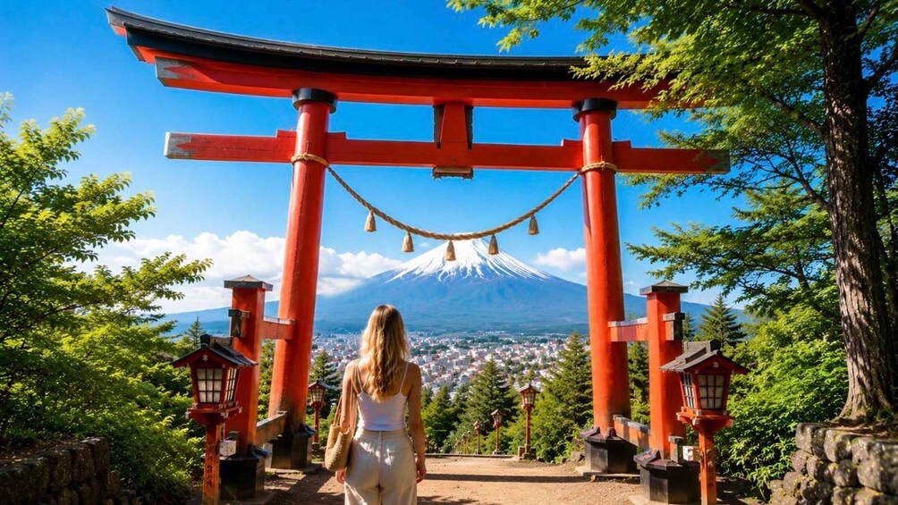 A red torii gate with a view of Mount Fuji in the background. 1