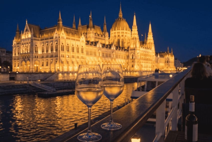 Two wine glasses on a railing with a grand building in the background. 1