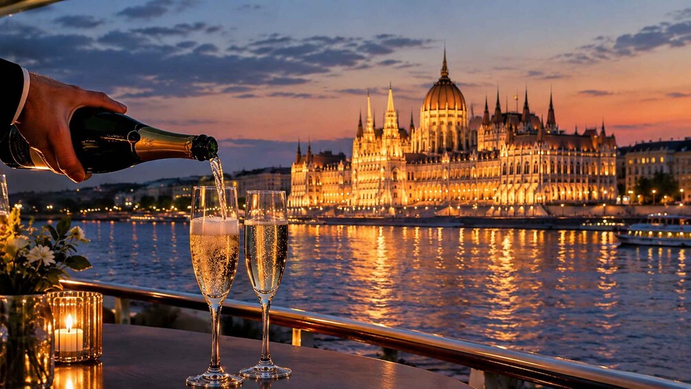 Eine Person gießt Champagner in zwei Gläser, im Hintergrund ein prächtiges Gebäude und ein Fluss. 1