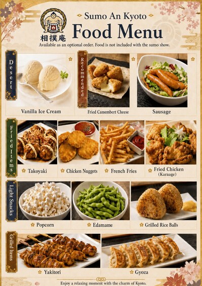 A Sumo An Kyoto food menu with items like Vanilla Ice Cream, Fried Camembert Cheese, and Sausage. 2