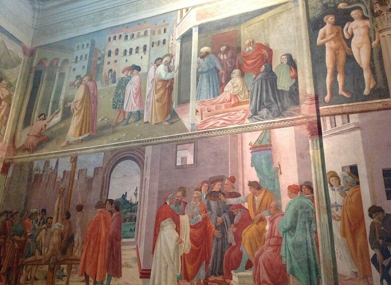 A fresco with multiple scenes depicting historical figures in various settings, including a central gathering and figures in a landscape. 4