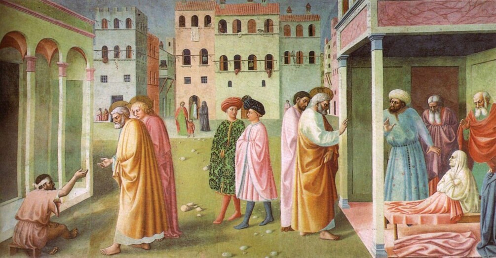 A historical scene with people in traditional attire, a building with arches, and a cityscape in the background. 5