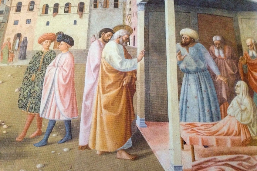 A historical scene with people in traditional attire, a building, and a seated figure. 1