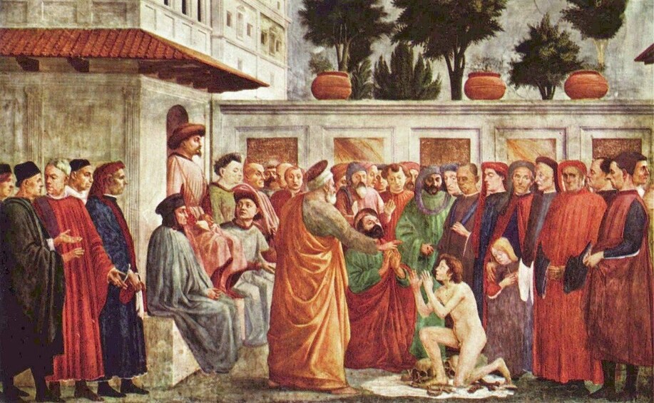 A historical scene with a crowd of people, some in robes, gathered around a central figure. 3