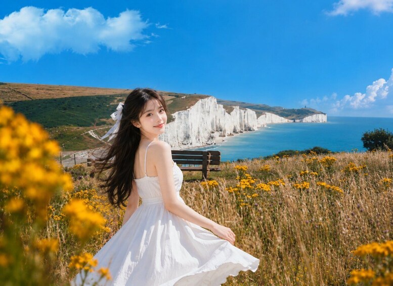A woman in a white dress standing in a field with yellow flowers, overlooking white cliffs and the sea. 1