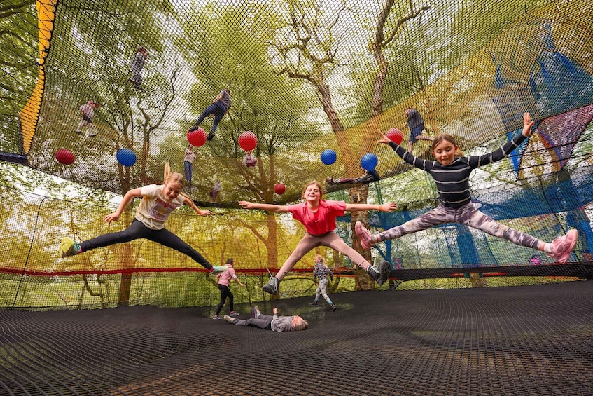Children playing on a trampoline with a netted enclosure and trees in the background. 1