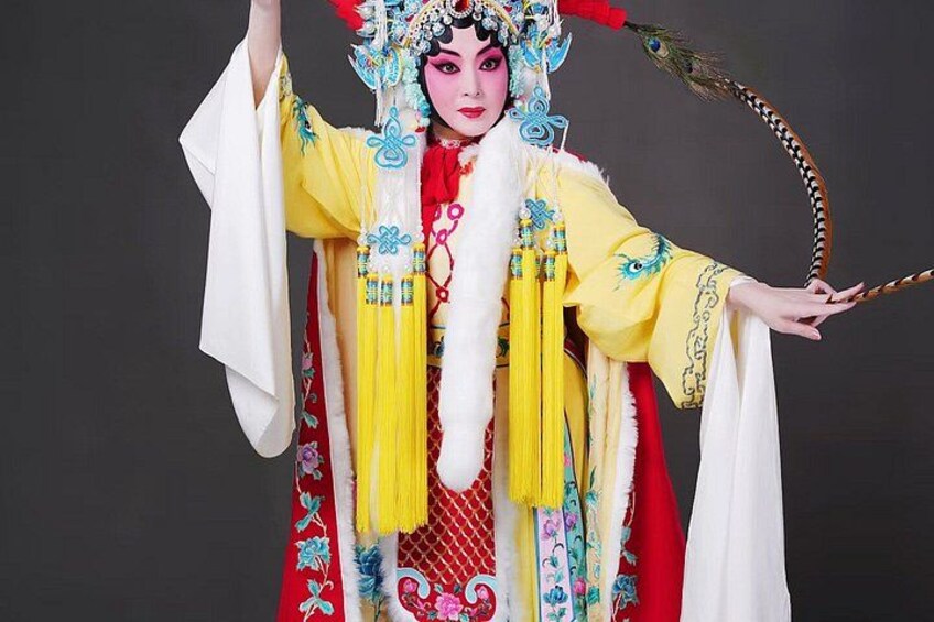 A person in a traditional costume with elaborate headgear and a long robe. 5