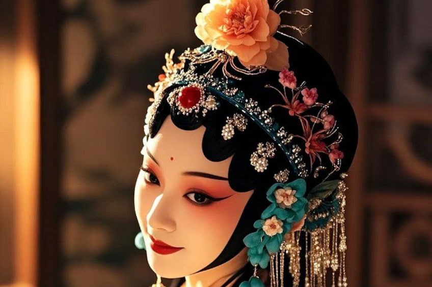 A person wearing a traditional headdress adorned with flowers and jewels. 1