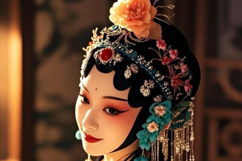 A person wearing a traditional headdress adorned with flowers and jewels. 1