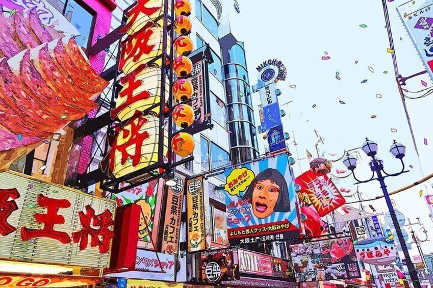 A vibrant urban street with colorful signage and neon lights. 1