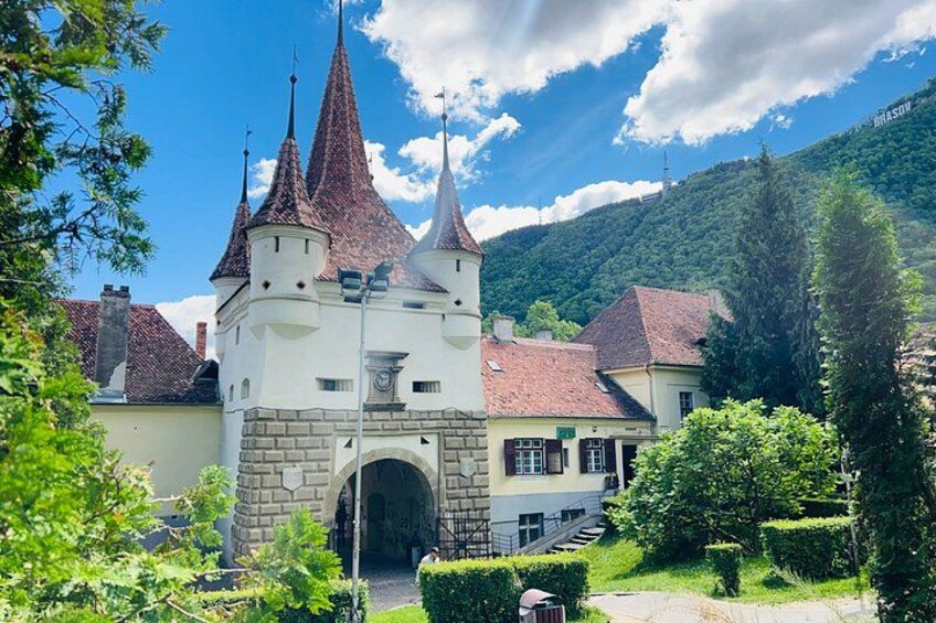 A castle with three spires, surrounded by greenery and a mountain in the background. 1