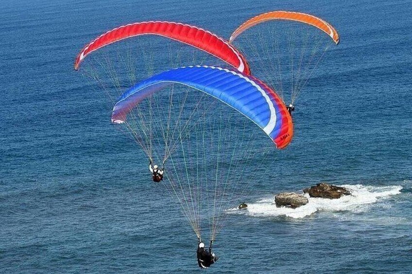 Three paragliders with colorful canopies flying over the ocean. 5